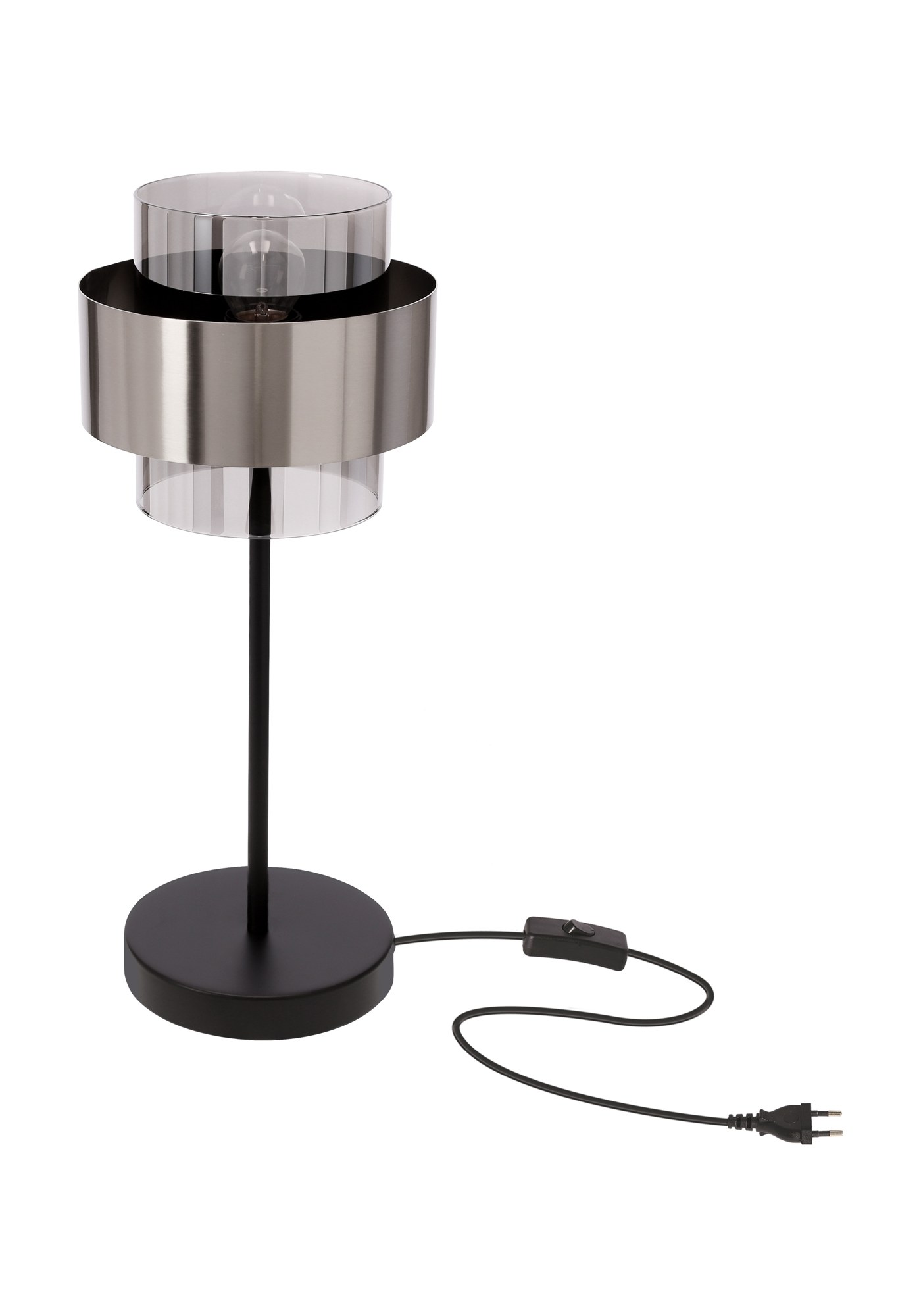Lampe à poser cylindre verre fumé, 3 finitions, E27, 44 cm lampe à poser cylindre verre fumé nickel satine sur fond blanc