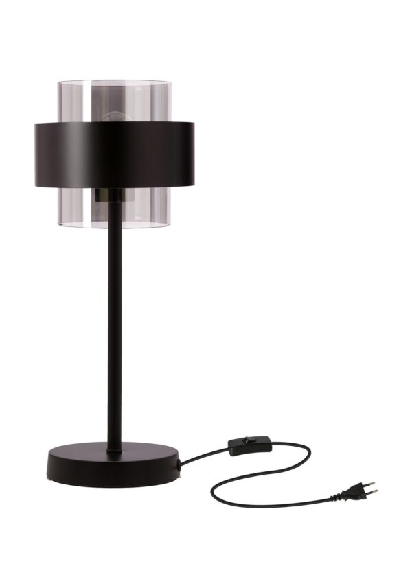 lampe à poser cylindre verre fumé noire sur fond blanc