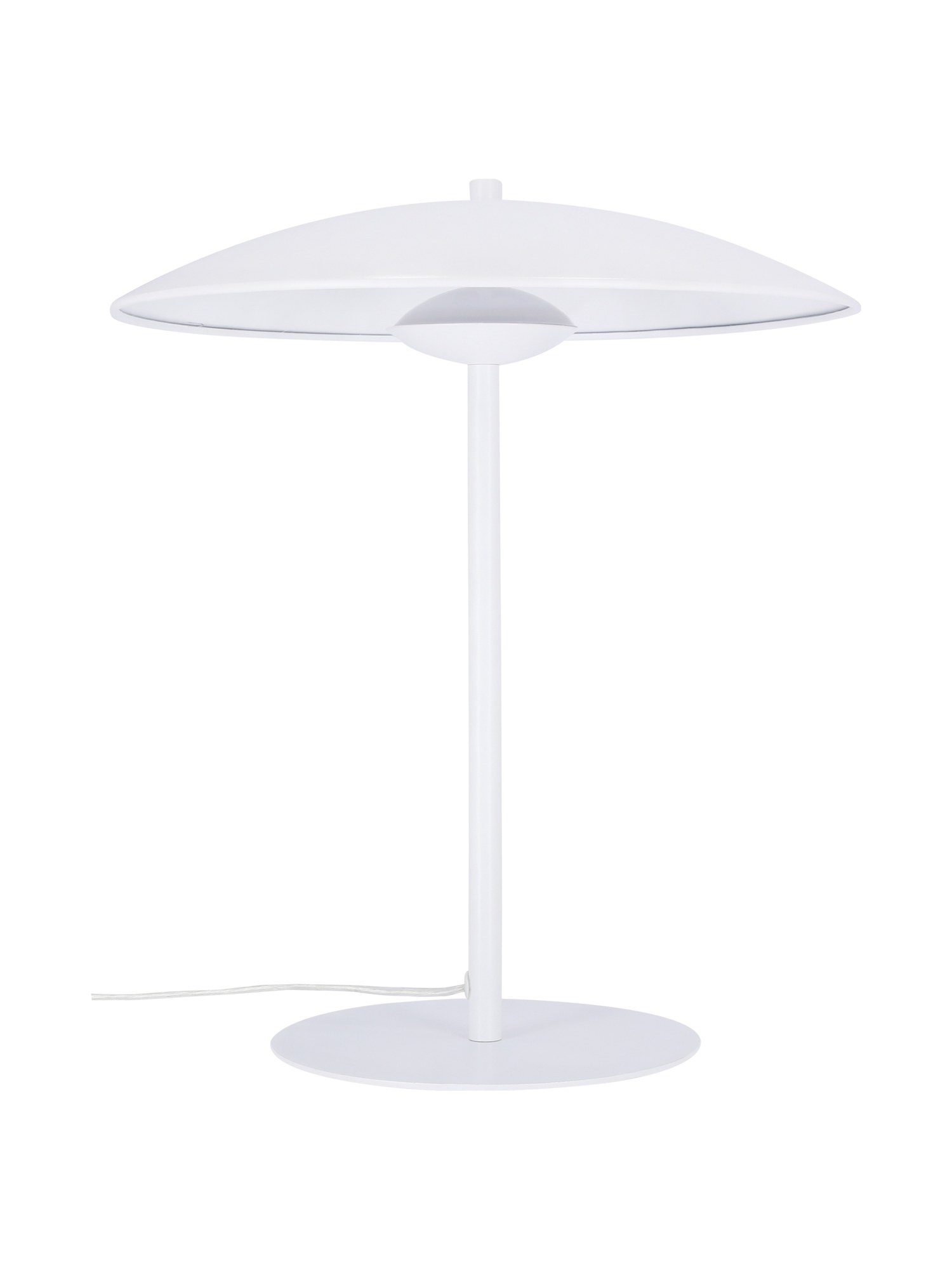 Lampe à poser disque blanc en métal, LED intégrée 10,5 W, 41 cm lampe à poser disque blanc en métal sur fond blanc