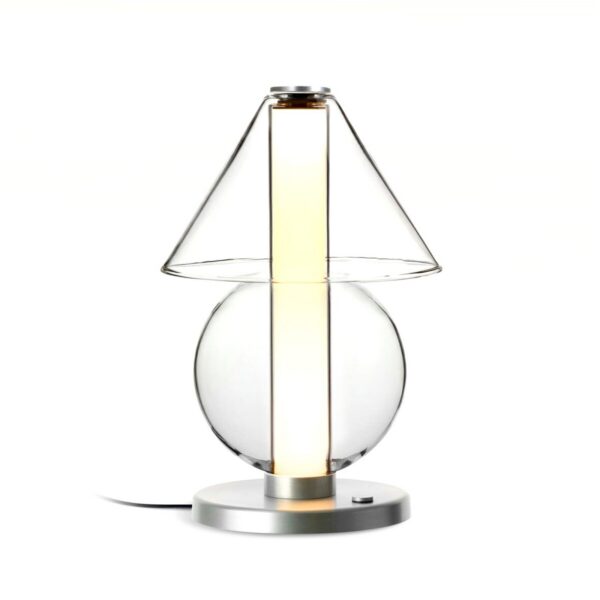 Lampe à poser Fragile S Marset, base aluminium, cône et sphère en verre soufflé