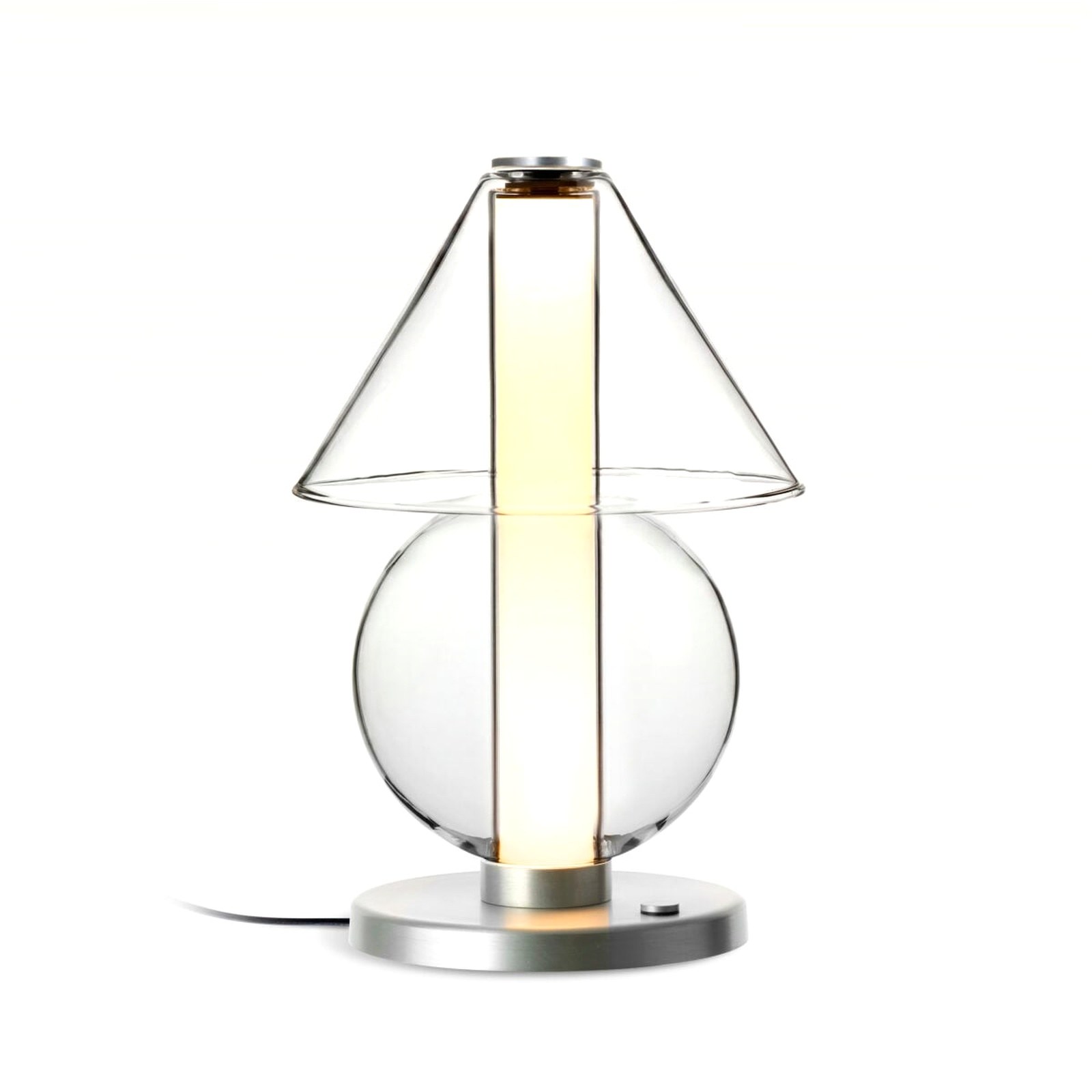 Lampe à poser Fragile S Marset, base aluminium, cône et sphère en verre soufflé