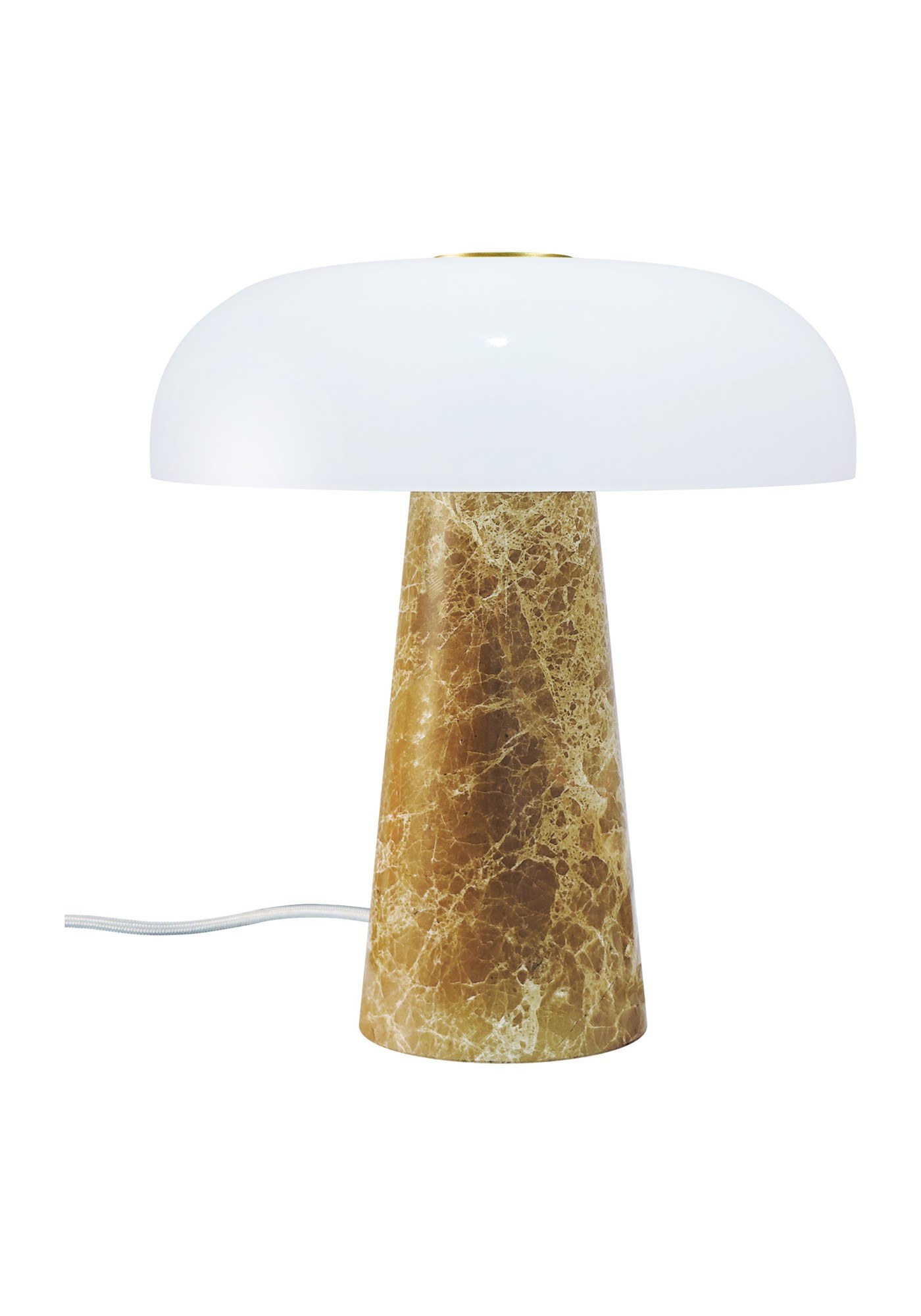Lampe à poser Glossy Mini en pierre naturelle et verre opale par Design For The People lampe à poser Glossy Mini beige en marbre et verre opale sur fond blanc
