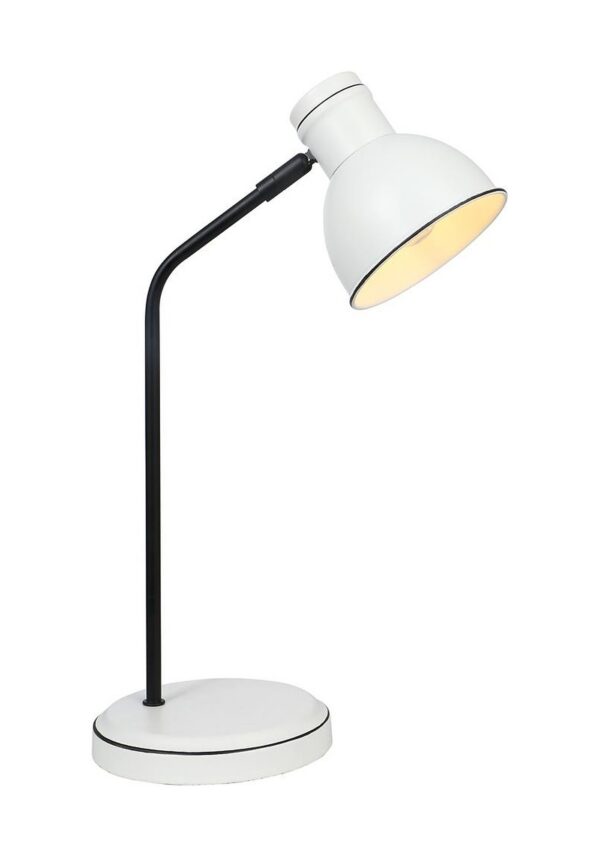 lampe à poser industrielle blanche à tige droite, sur fond blanc