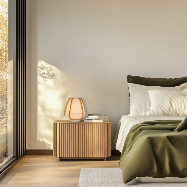 lampe à poser japandi sur une commode cannelée dans une chambre