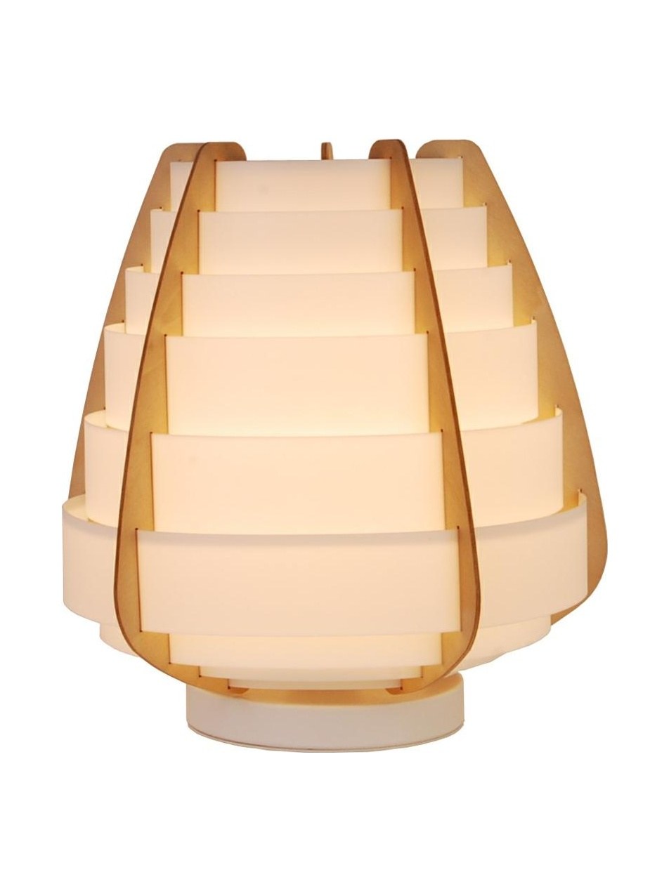 Lampe à poser japandi en bois et lamelles blanches, E27, 27 cm lampe à poser japandi à lamelles blanches et bois sur fond blanc