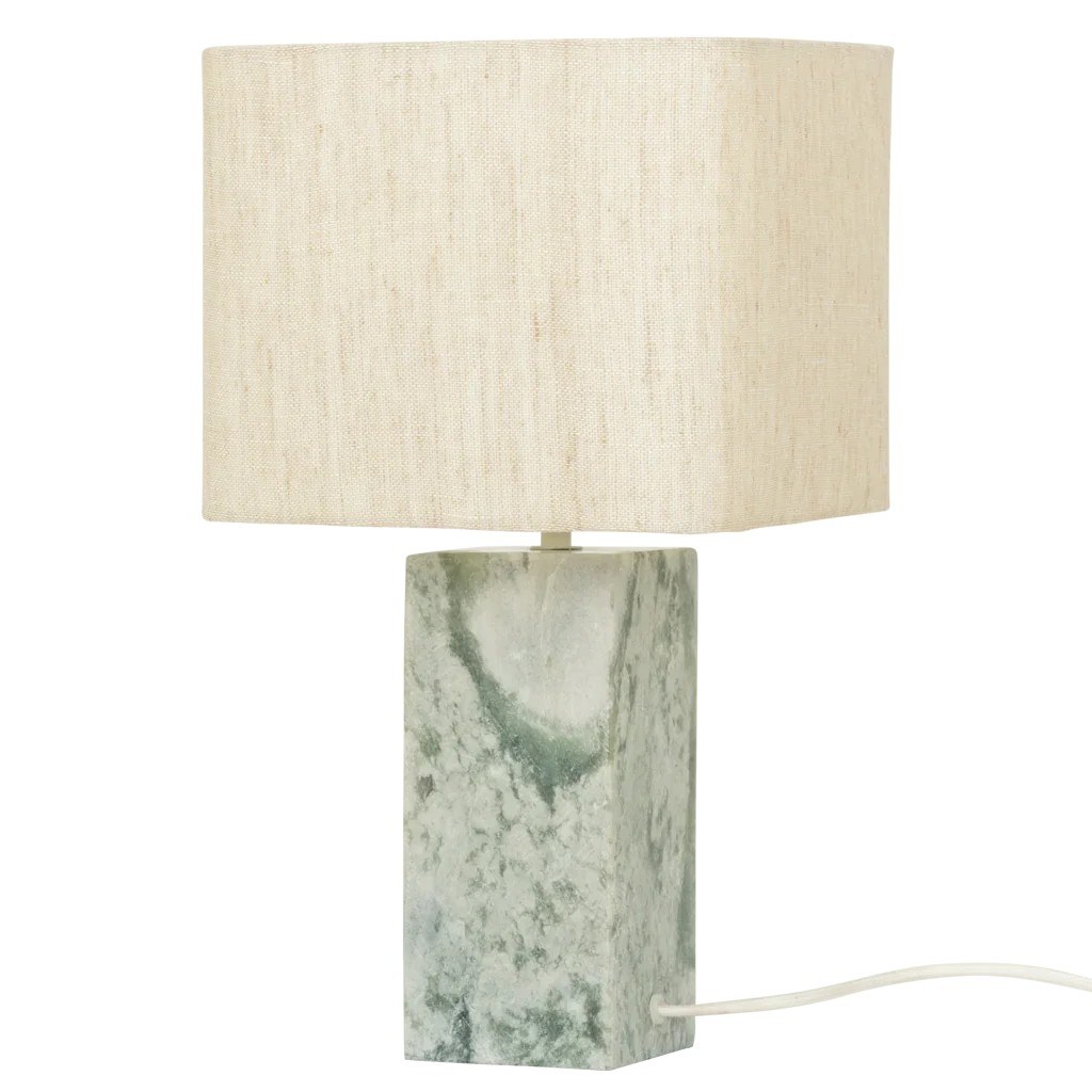 Lampe à poser Suvi par Urban Nature Culture, marbre vert et lin lampe à poser marbre Suvi Urban Nature Culture, vue de face avec son câble sur fond blanc