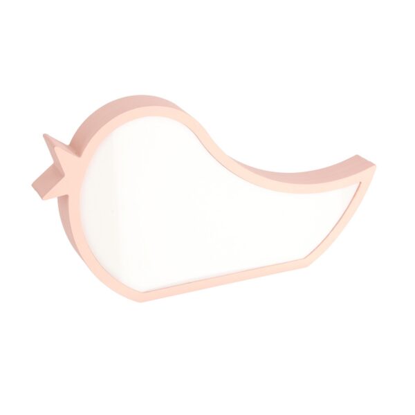 lampe à poser oiseau enfant rose en bois, vue de trois quarts
