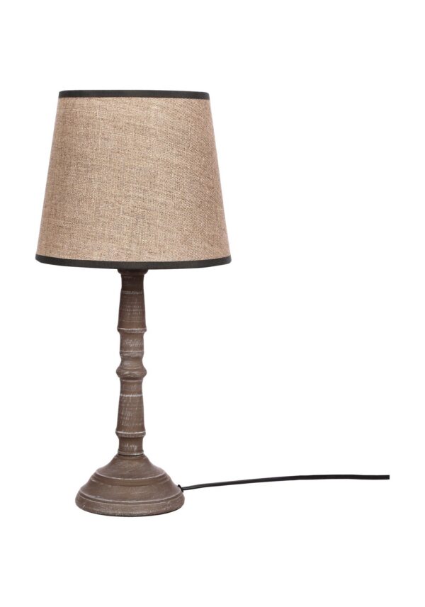 lampe à poser pied tourné à abat-jour conique en lin foncé, sur fond blanc