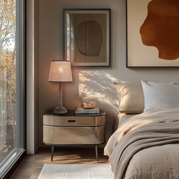 lampe à poser pied tourné sur une table de chevet dans une chambre baignée de soleil