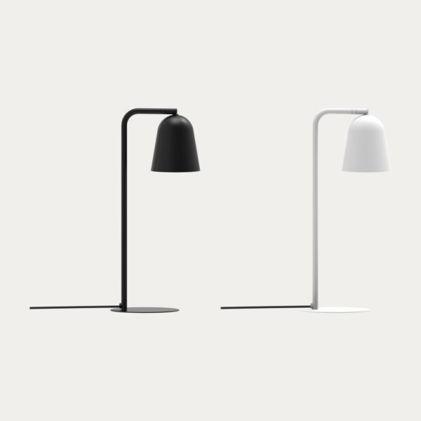 lampe à poser Tessa en deux finitions noir mat et blanc mat sur fond beige