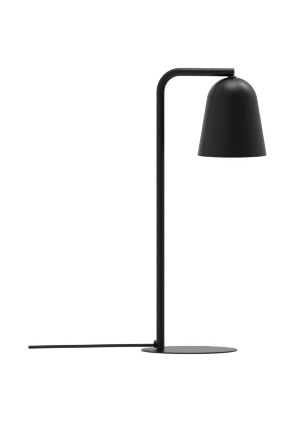 lampe à poser Tessa noir mat avec pied courbe en fer et abat-jour en cloche, vue de face