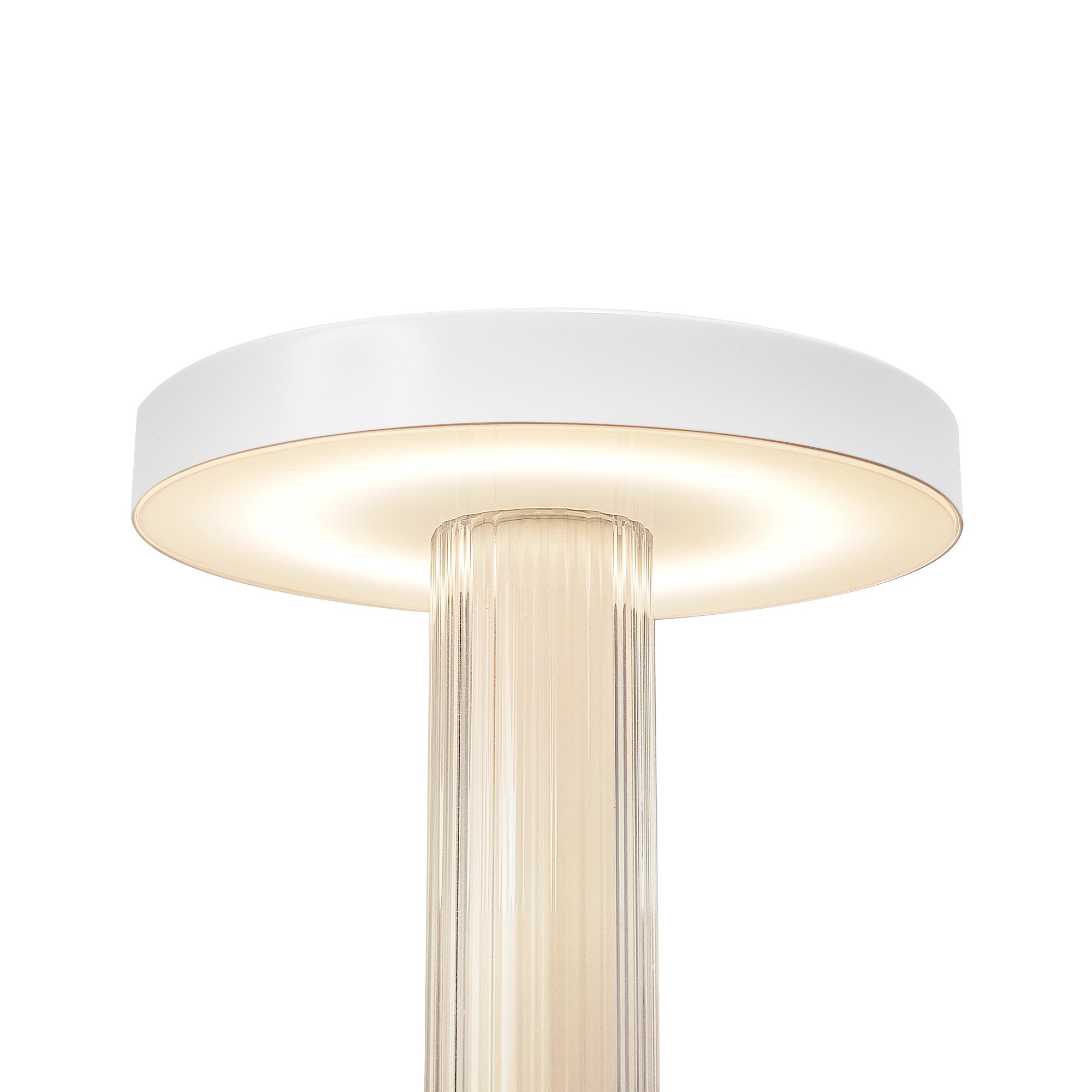 Lampe à poser sans fil Trezzi Portable en verre strié par Design For The People lampe à poser Trezzi Portable, plateau blanc et colonne allumée
