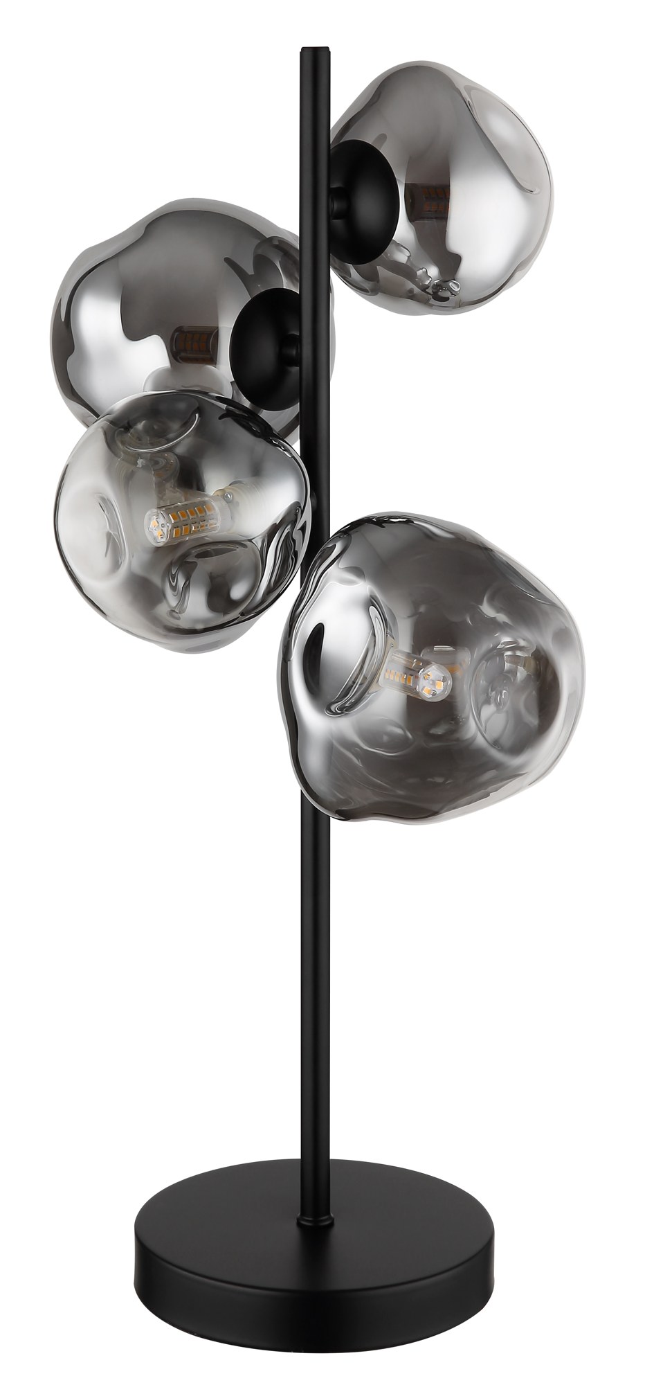 Lampe à poser verre fumé noir, 4 lumières G9 et interrupteur lampe à poser verre fumé 4 lumières éteinte, verre fumé en dégradé sur fond blanc