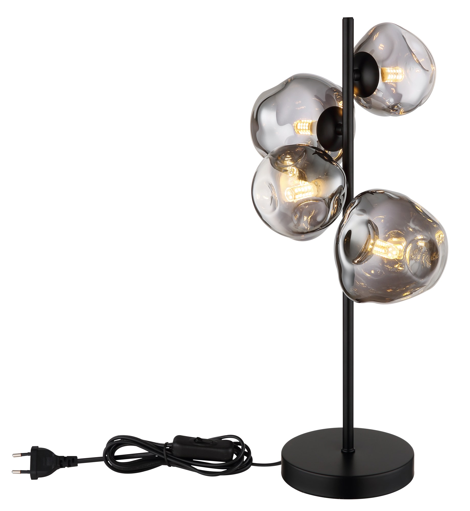 Lampe à poser verre fumé noir, 4 lumières G9 et interrupteur lampe à poser verre fumé 4 lumières avec son câble et son interrupteur, fond blanc