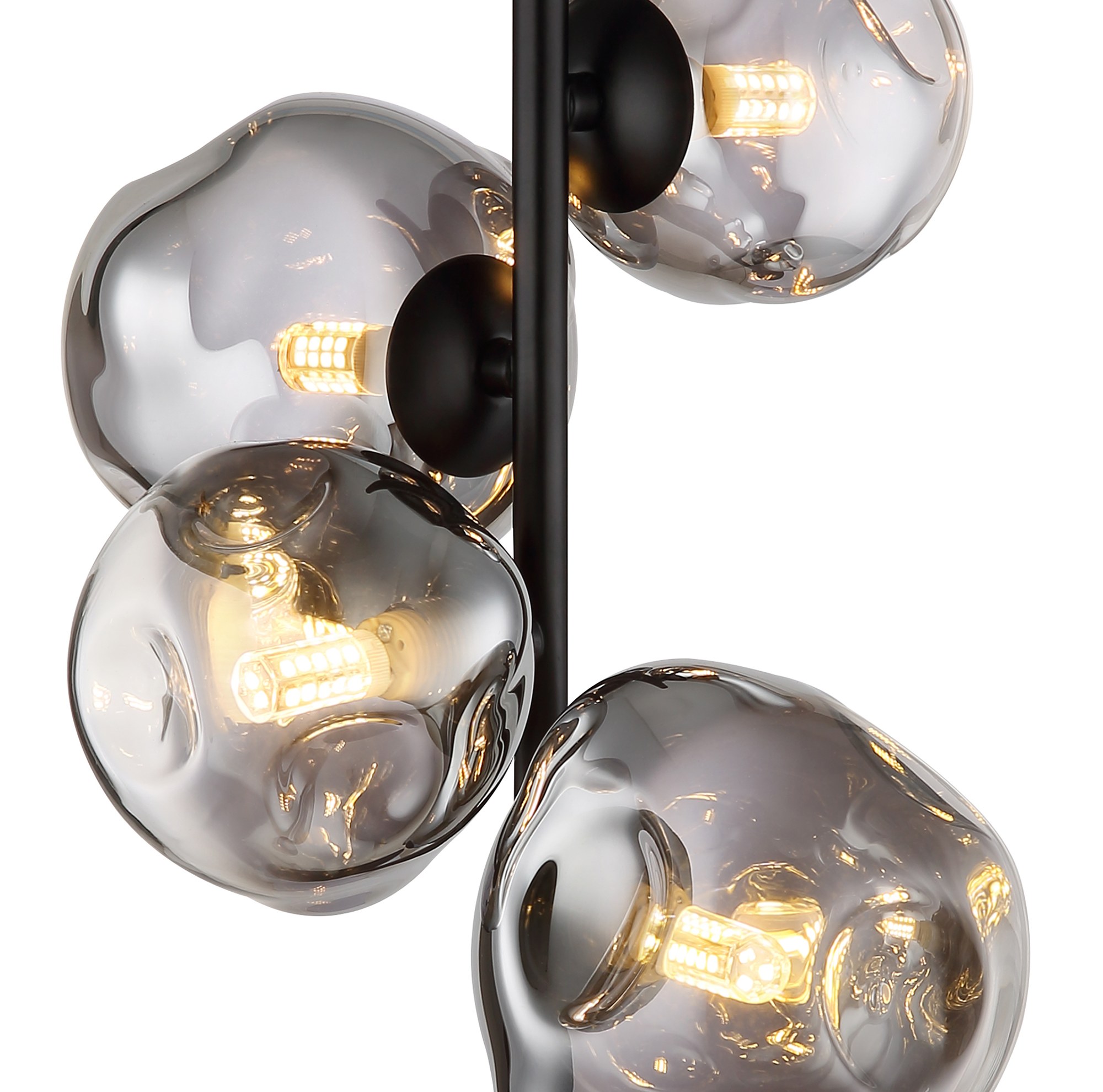 Lampe à poser verre fumé noir, 4 lumières G9 et interrupteur lampe à poser verre fumé 4 lumières gros plan sur les verres fumés bosselés et les ampoules G9