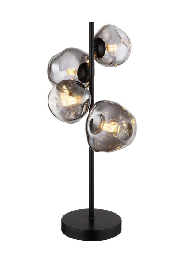 lampe à poser verre fumé 4 lumières pied noir mat et quatre verres bosselés, fond blanc