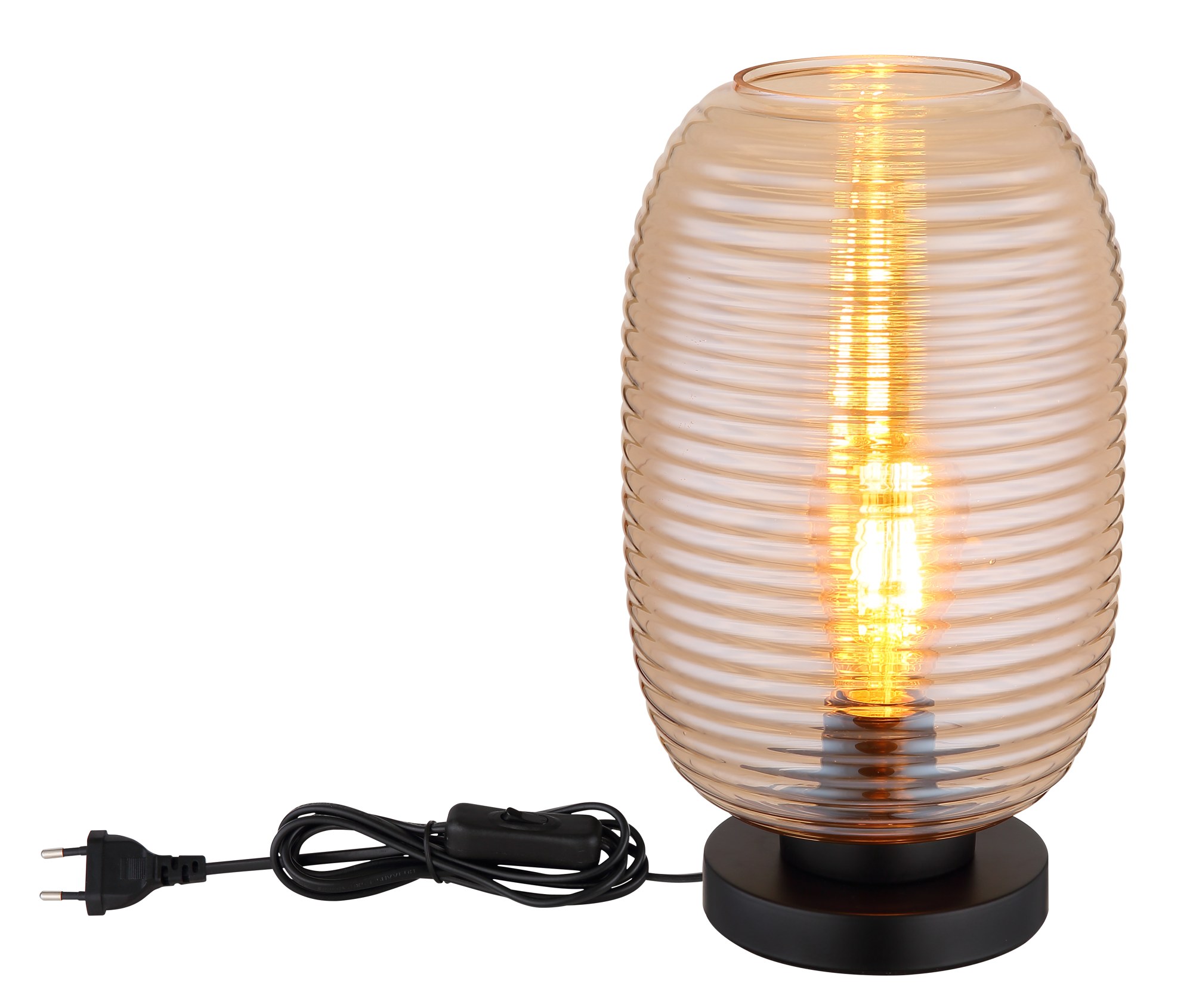 Lampe à poser verre rainuré ambre, base noire, E27, 34,5 cm lampe à poser verre rainuré avec câble et interrupteur, sur fond blanc