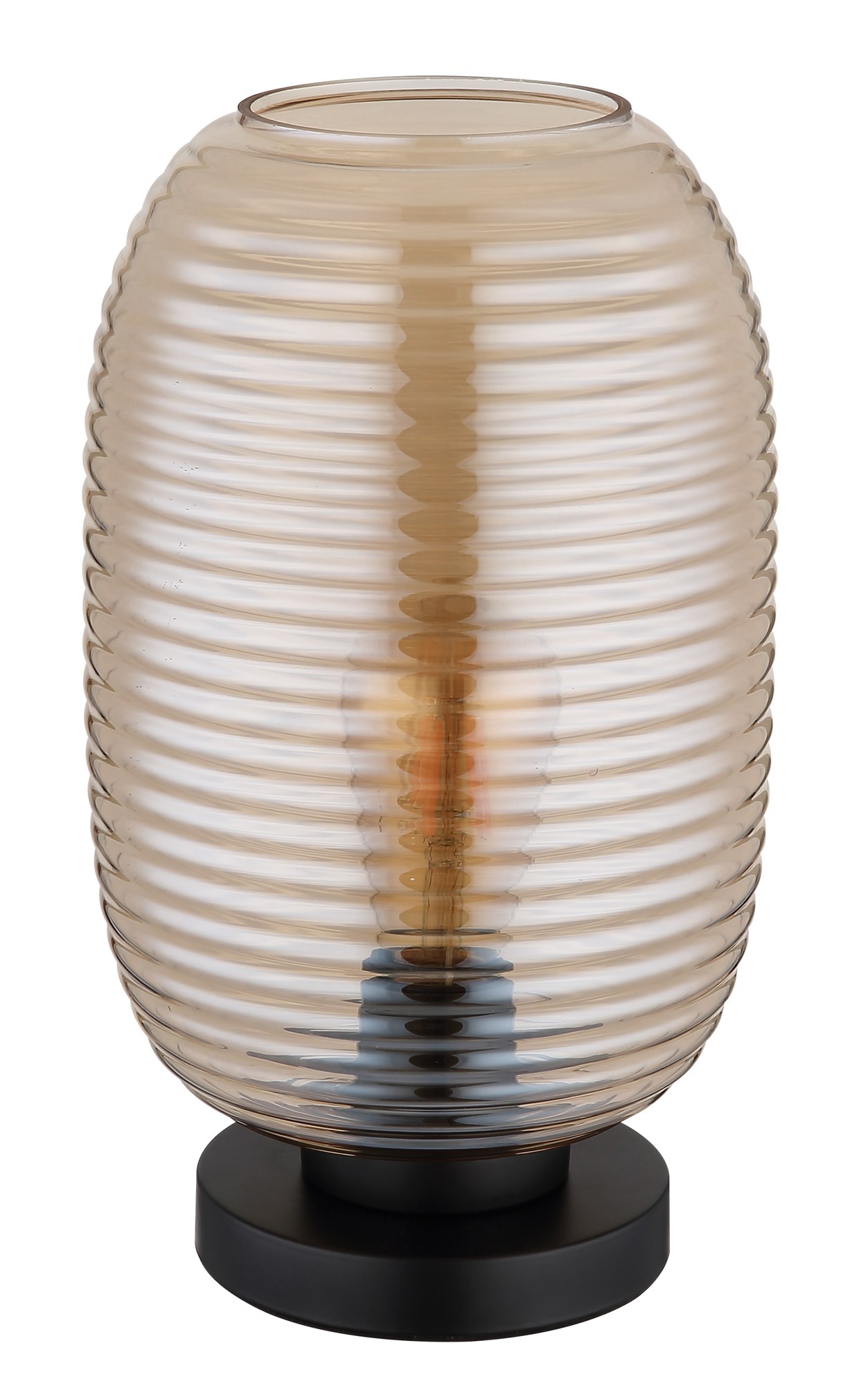 Lampe à poser verre rainuré ambre, base noire, E27, 34,5 cm lampe à poser verre rainuré éteinte, verre ambre rainuré sur fond blanc