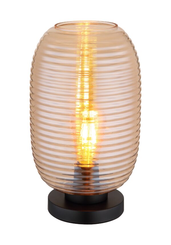 lampe à poser verre rainuré 34,5 cm, globe en verre ambre et base noire, sur fond blanc