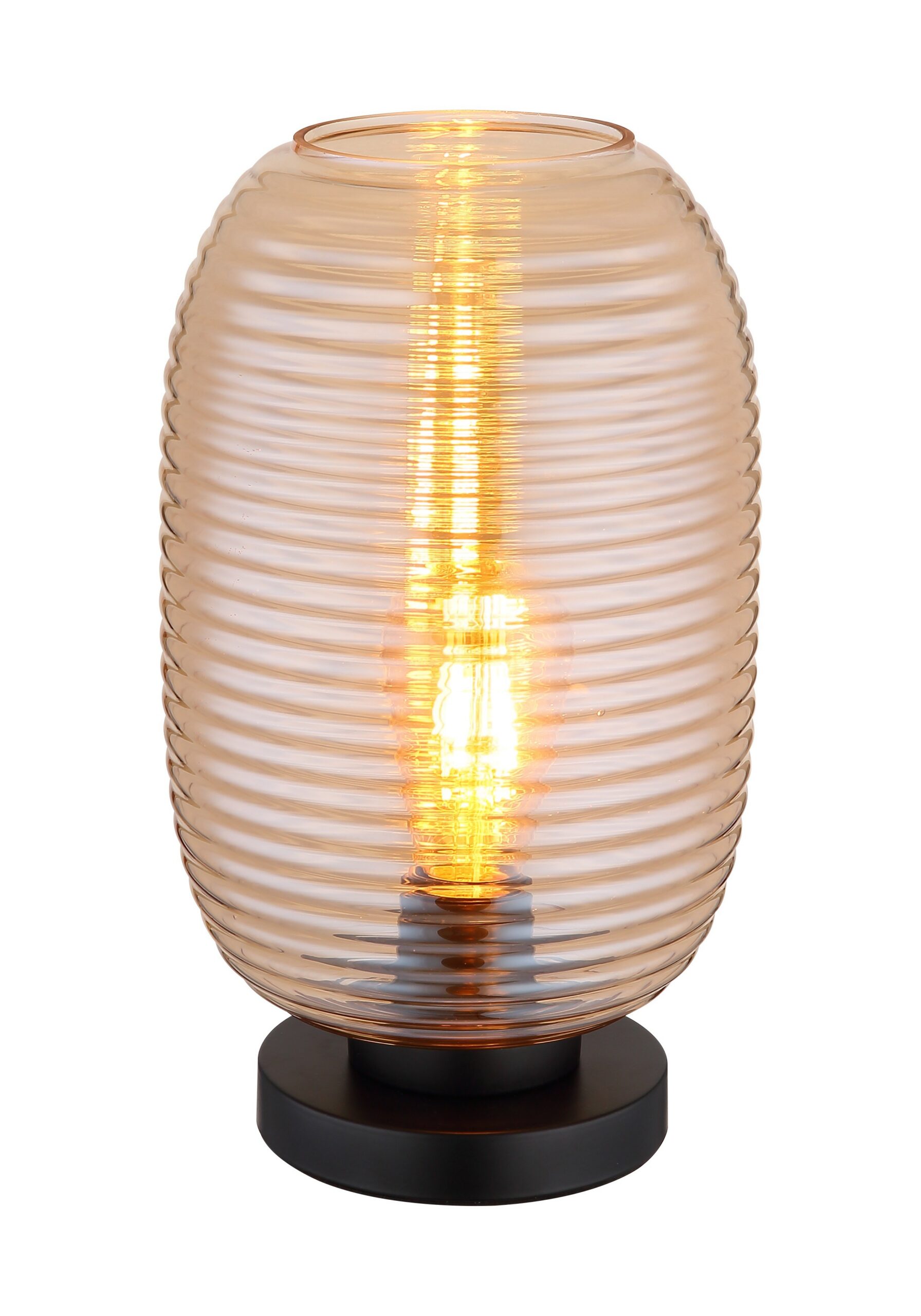 Lampe à poser verre rainuré ambre, base noire, E27, 34,5 cm lampe à poser verre rainuré 34,5 cm, globe en verre ambre et base noire, sur fond blanc