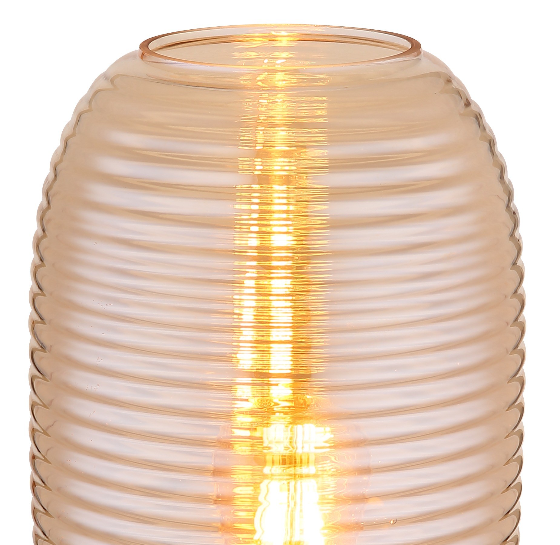 Lampe à poser verre rainuré ambre, base noire, E27, 34,5 cm lampe à poser verre rainuré gros plan sur les rainures du verre ambre
