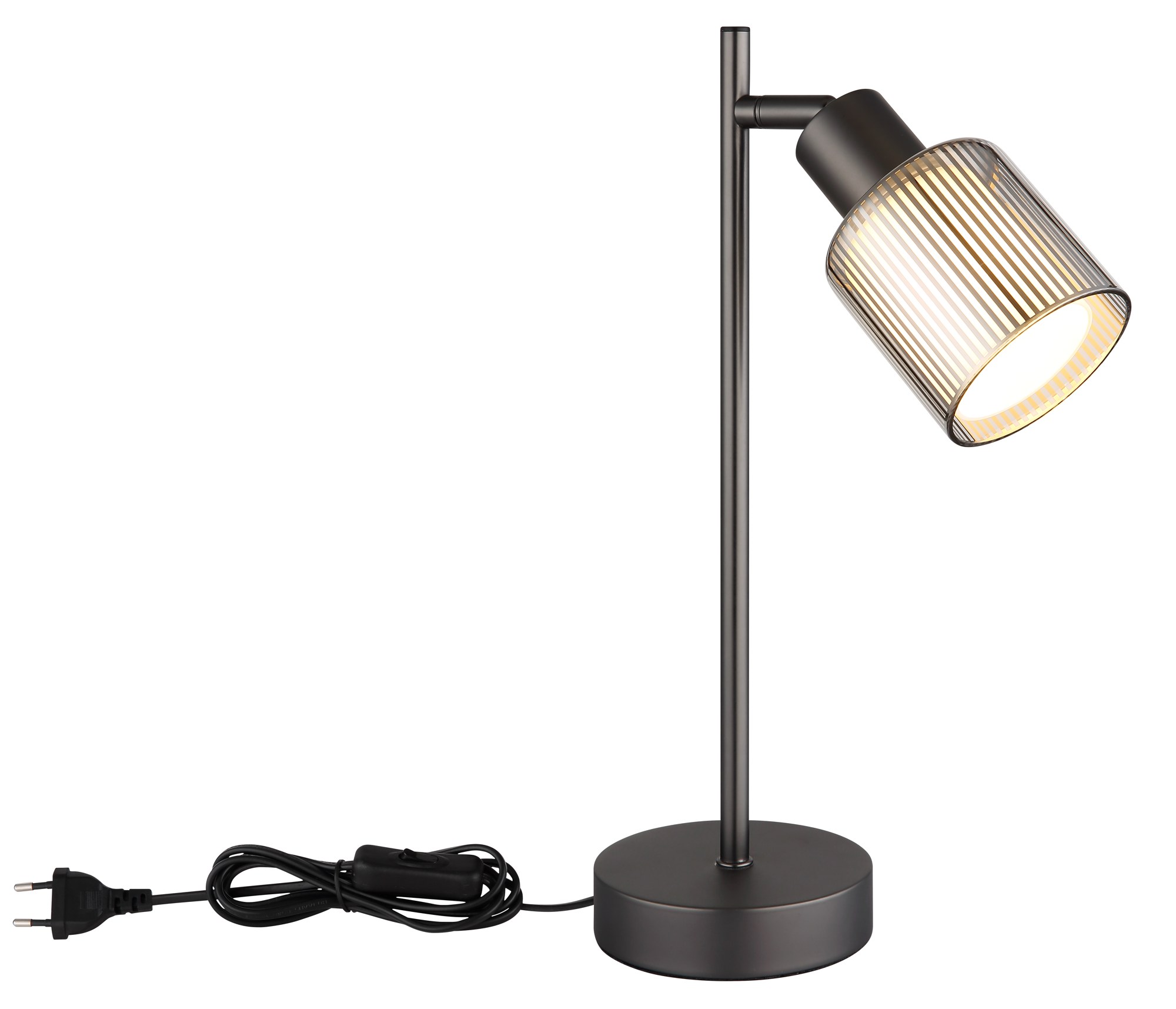 Lampe à poser verre rayé gunmetal, interrupteur sur câble lampe à poser verre rayé gunmetal avec son câble et son interrupteur, fond blanc