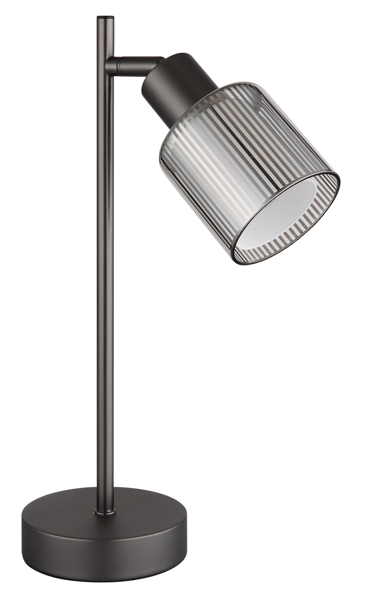 Lampe à poser verre rayé gunmetal, interrupteur sur câble lampe à poser verre rayé gunmetal éteinte, verre chromé rayé sur fond blanc