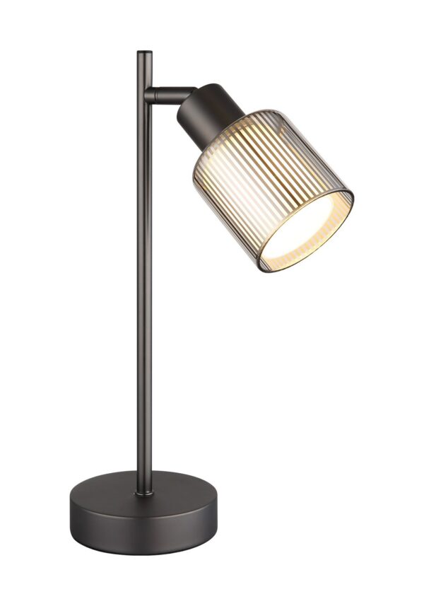 lampe à poser verre rayé gunmetal abat-jour en verre chromé rayé, pied gunmetal mat, fond blanc