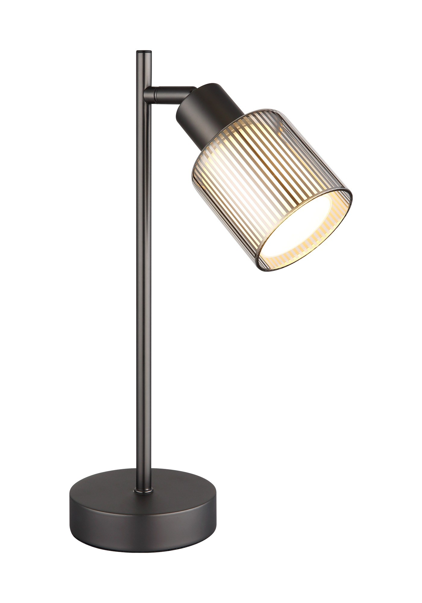 Lampe à poser verre rayé gunmetal, interrupteur sur câble lampe à poser verre rayé gunmetal abat-jour en verre chromé rayé, pied gunmetal mat, fond blanc