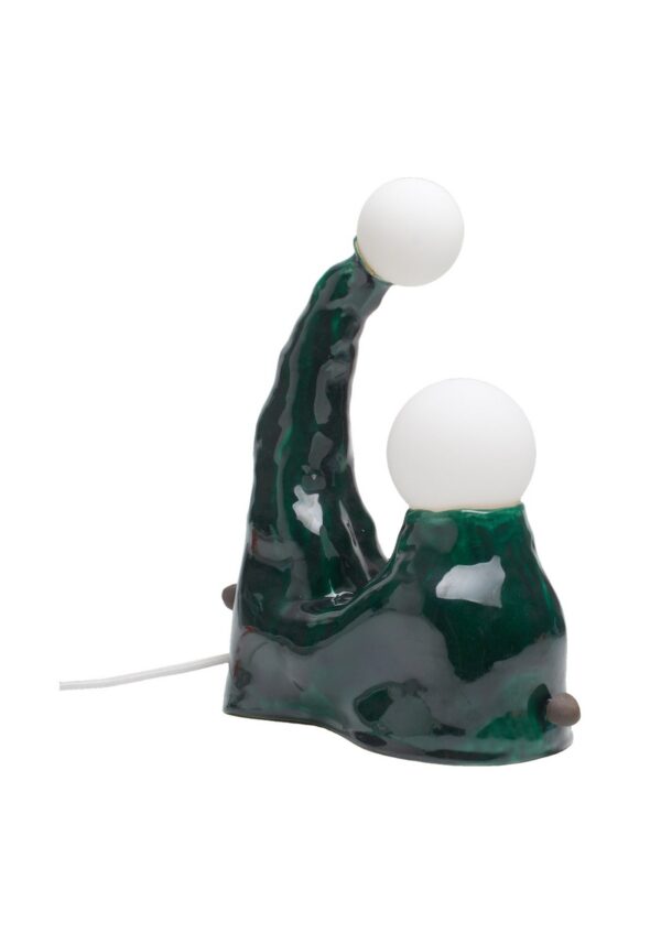 lampe céramique Melanocetus verte émaillée à deux globes sur fond blanc