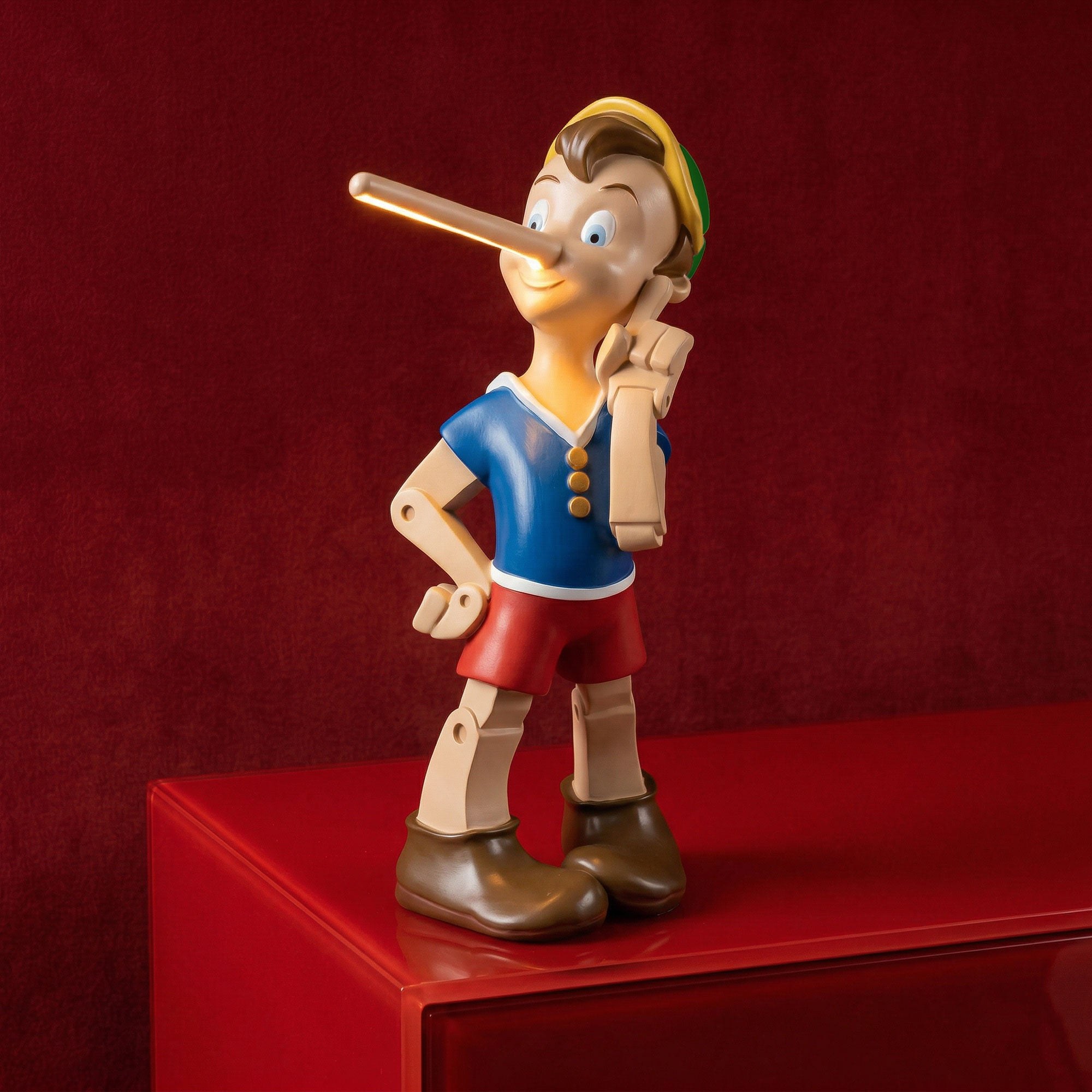Lampe Pinocchio Seletti au nez lumineux posée sur un meuble rouge