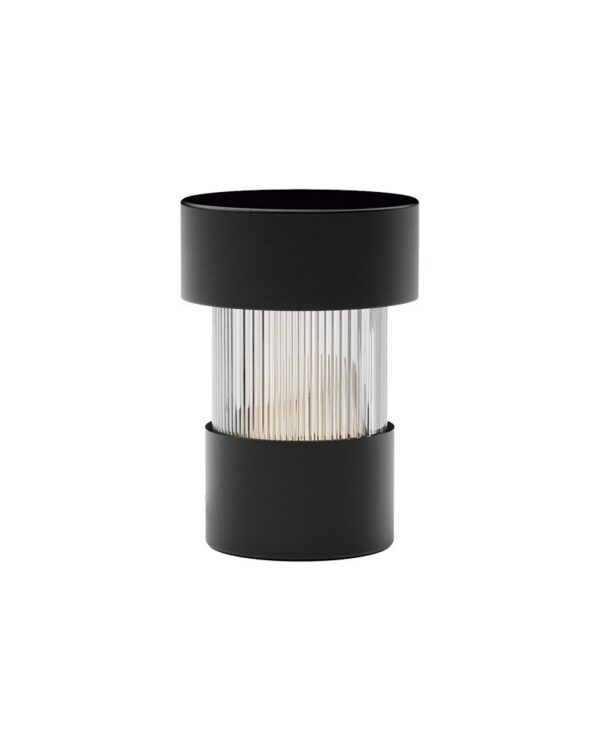 lampe rechargeable Balise noir mat, verre cannelé et deux manchons en fer
