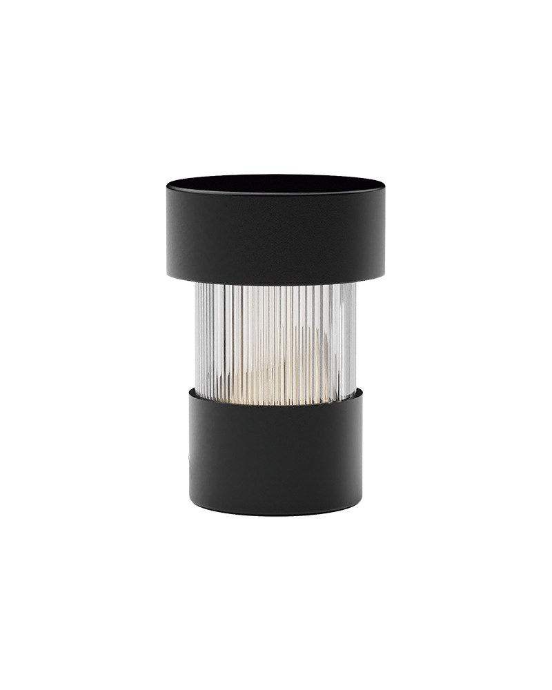 lampe rechargeable Balise noir mat, verre cannelé et deux manchons en fer
