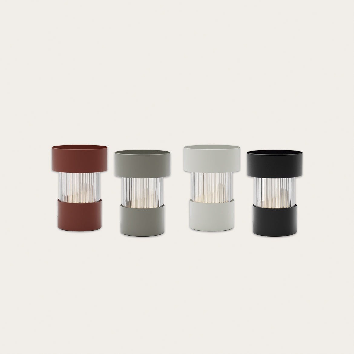 lampe rechargeable Balise les quatre teintes côte à côte : terracotta, vert, blanc et noir