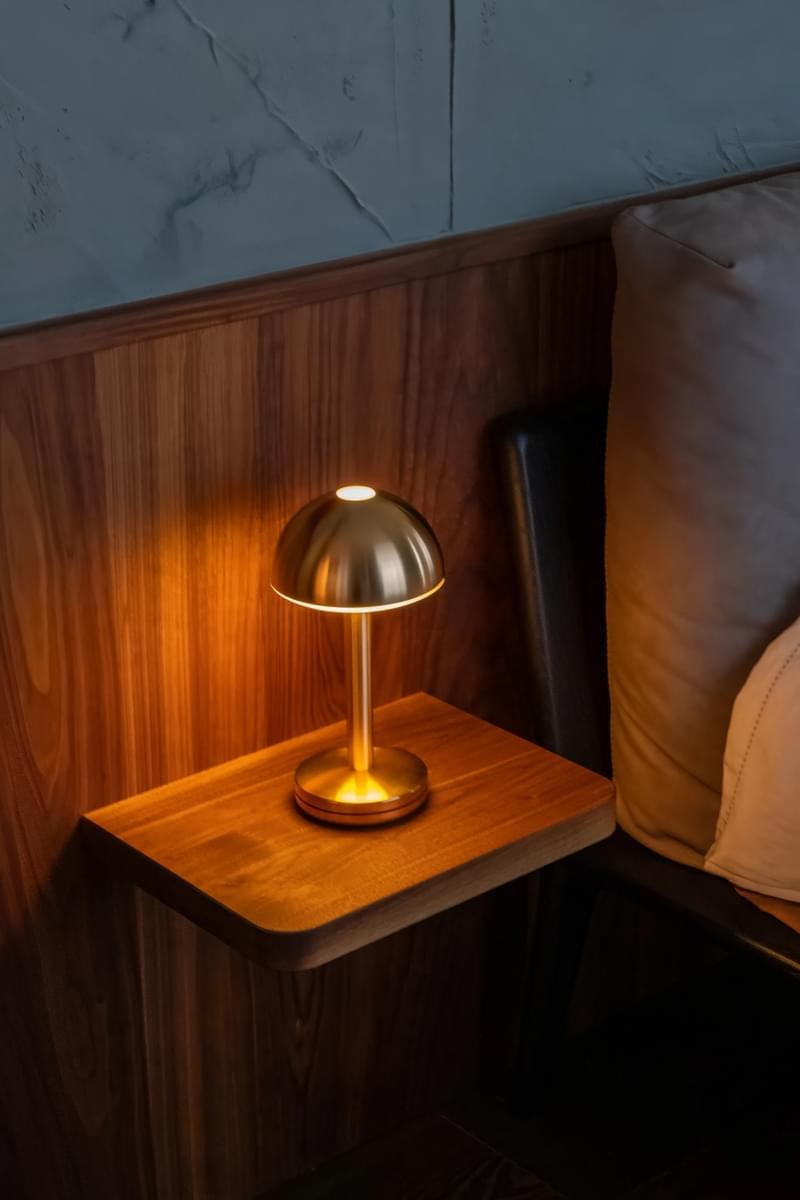 Lampe rechargeable Bug par Humble, aluminium et polycarbonate lampe rechargeable Bug Humble, finition Gold sur une tablette de chevet
