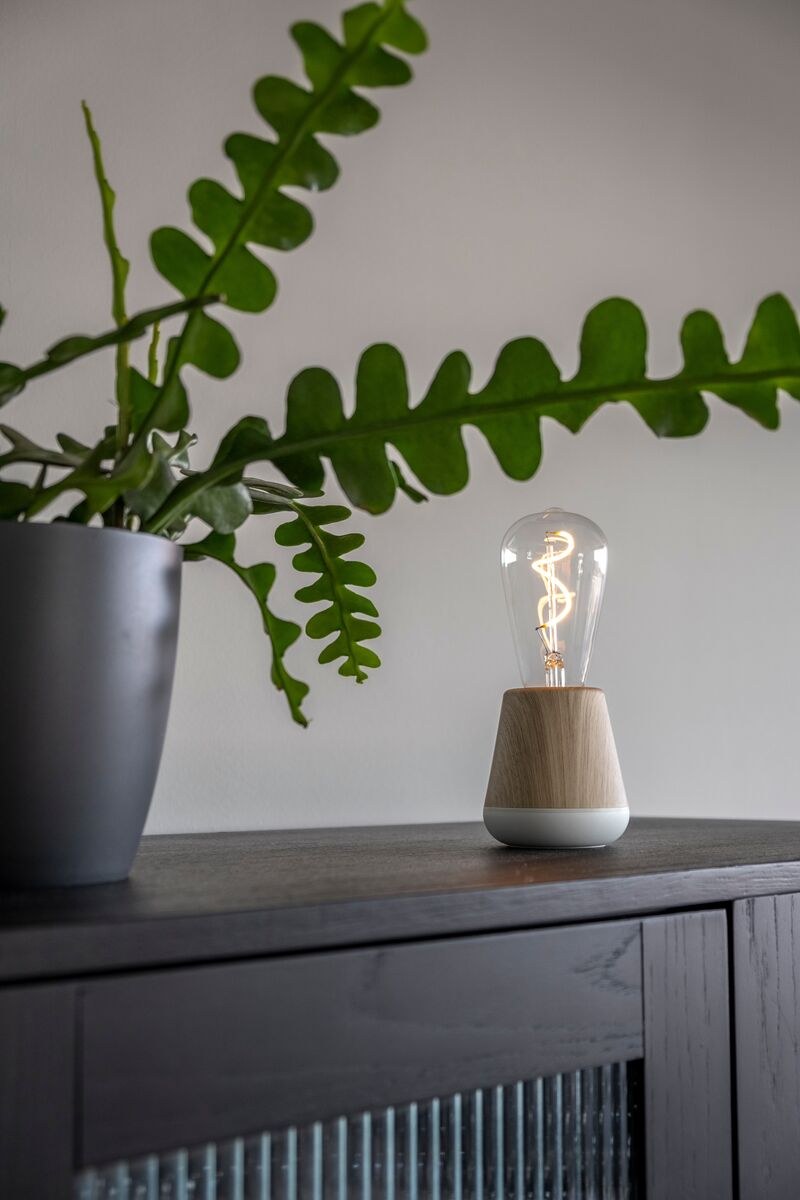 Lampe rechargeable One par Humble, ampoule à filament visible lampe rechargeable One Humble, sur un buffet près d'une plante