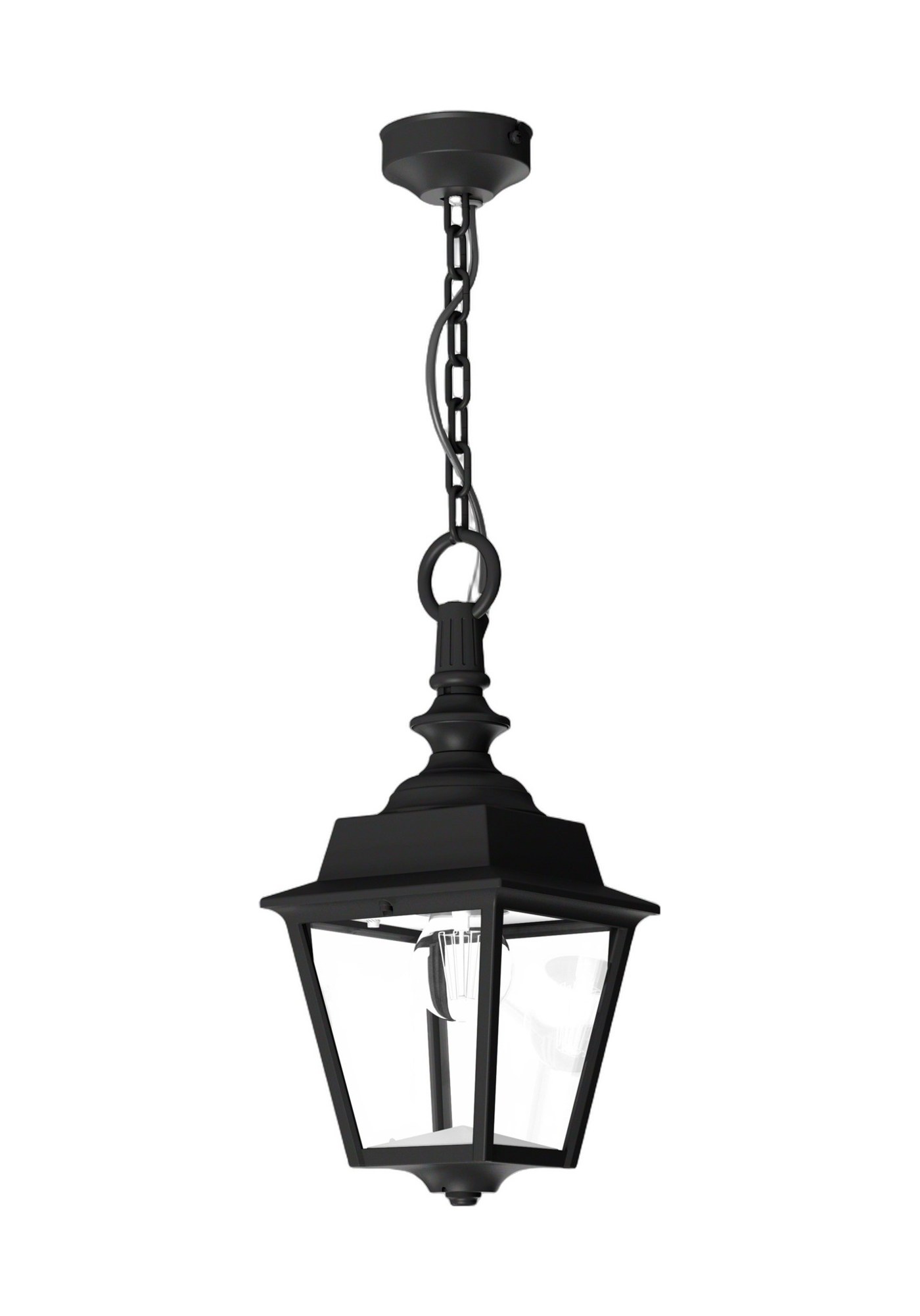 Lanterne extérieure suspendue Chenonceau par Roger Pradier lanterne extérieure suspendue Chenonceau noire en aluminium et verre clair, rendu sur fond blanc