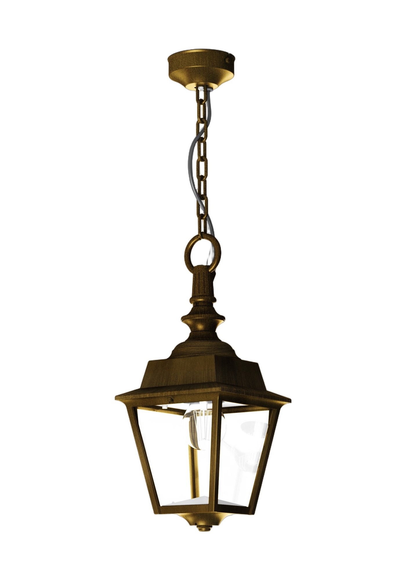 Lanterne extérieure suspendue Chenonceau par Roger Pradier lanterne extérieure suspendue Chenonceau en aluminium patine dorée, rendu sur fond blanc