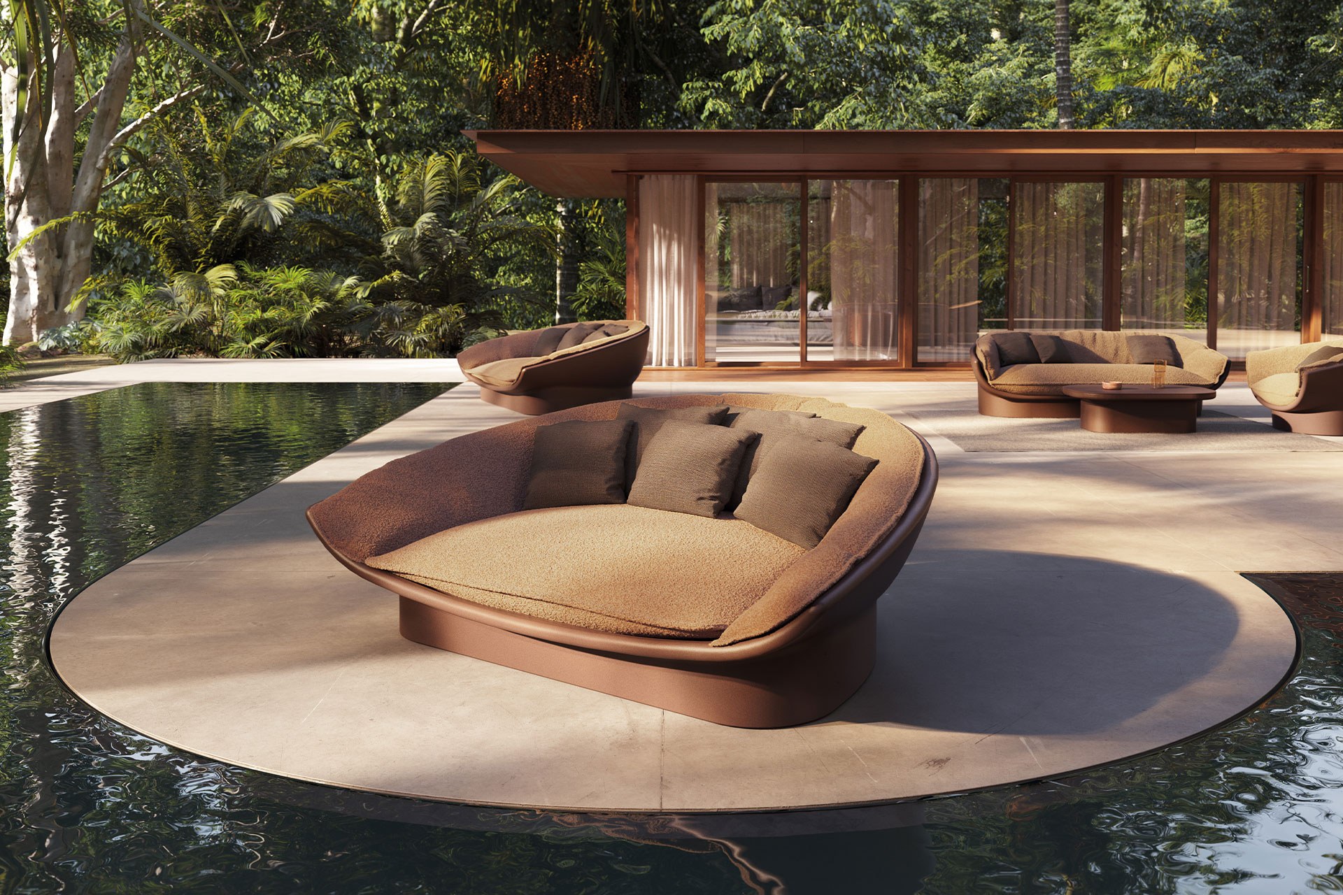 Lit de jardin Luna en polyéthylène et tissu au design contemporain par Ramón Esteve x Vondom lit de jardin Luna Vondom en situation, photo d'ambiance