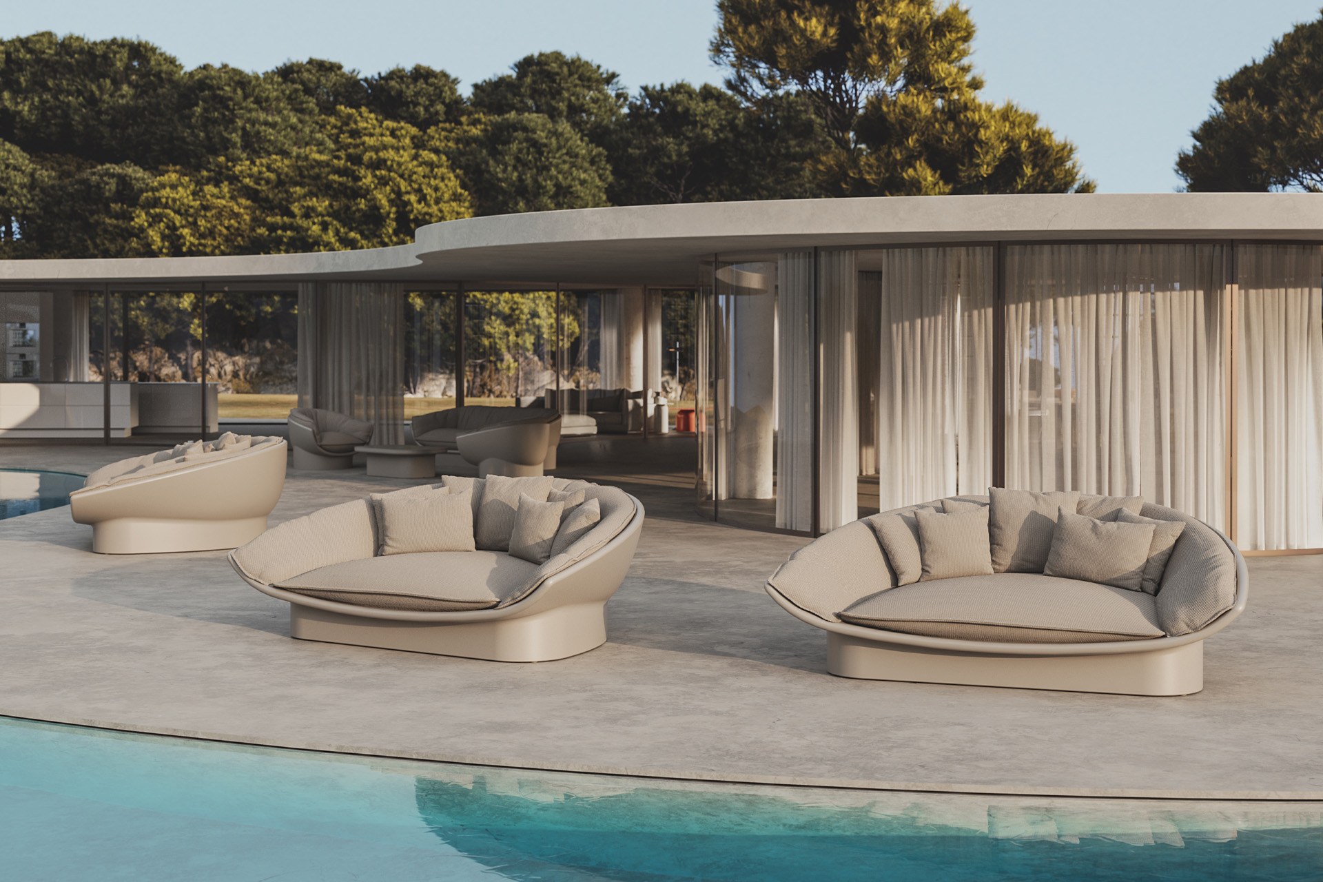 Lit de jardin Luna en polyéthylène et tissu au design contemporain par Ramón Esteve x Vondom lit de jardin Luna Vondom en situation, photo d'ambiance