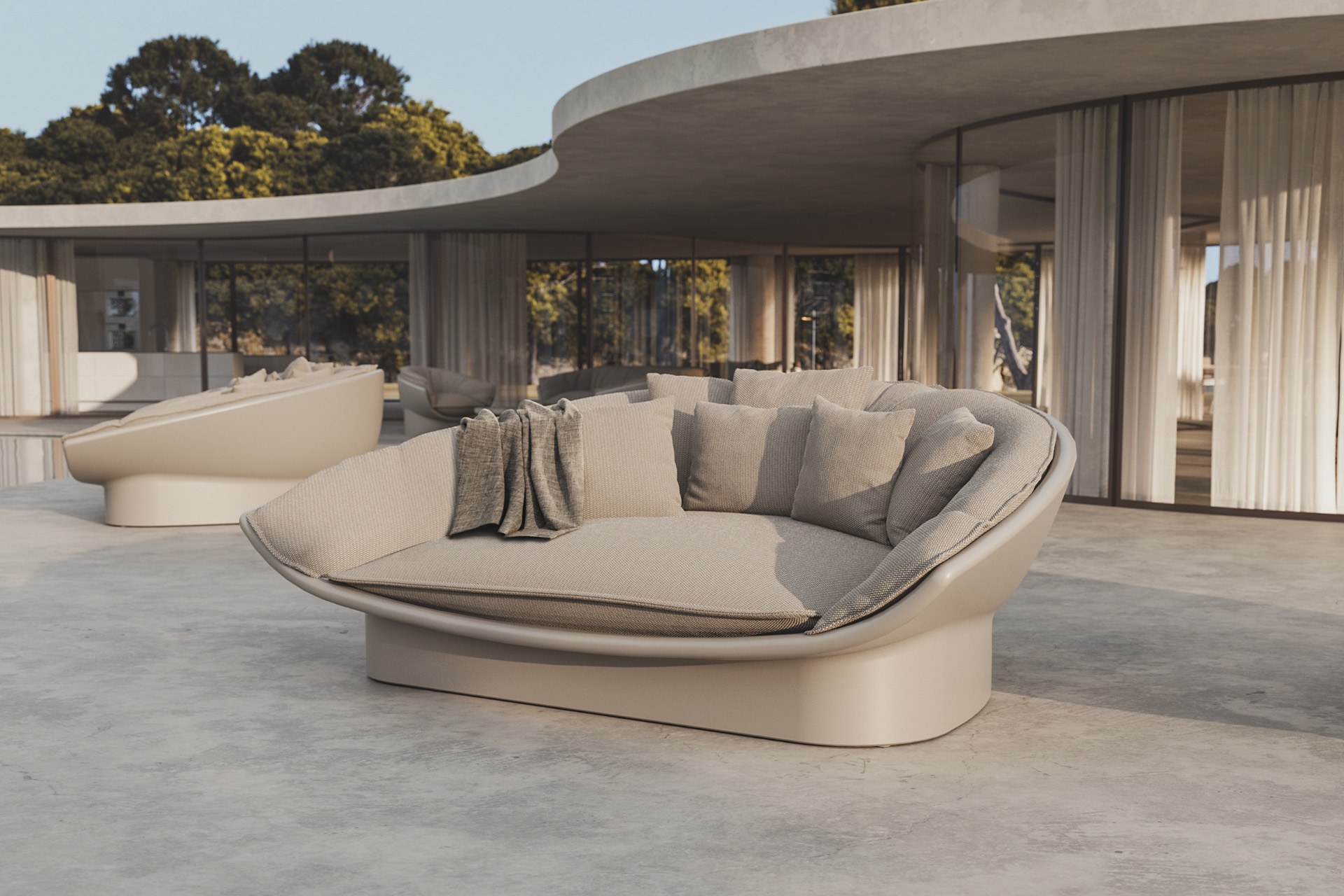 Lit de jardin Luna en polyéthylène et tissu au design contemporain par Ramón Esteve x Vondom lit de jardin Luna Vondom en situation, photo d'ambiance