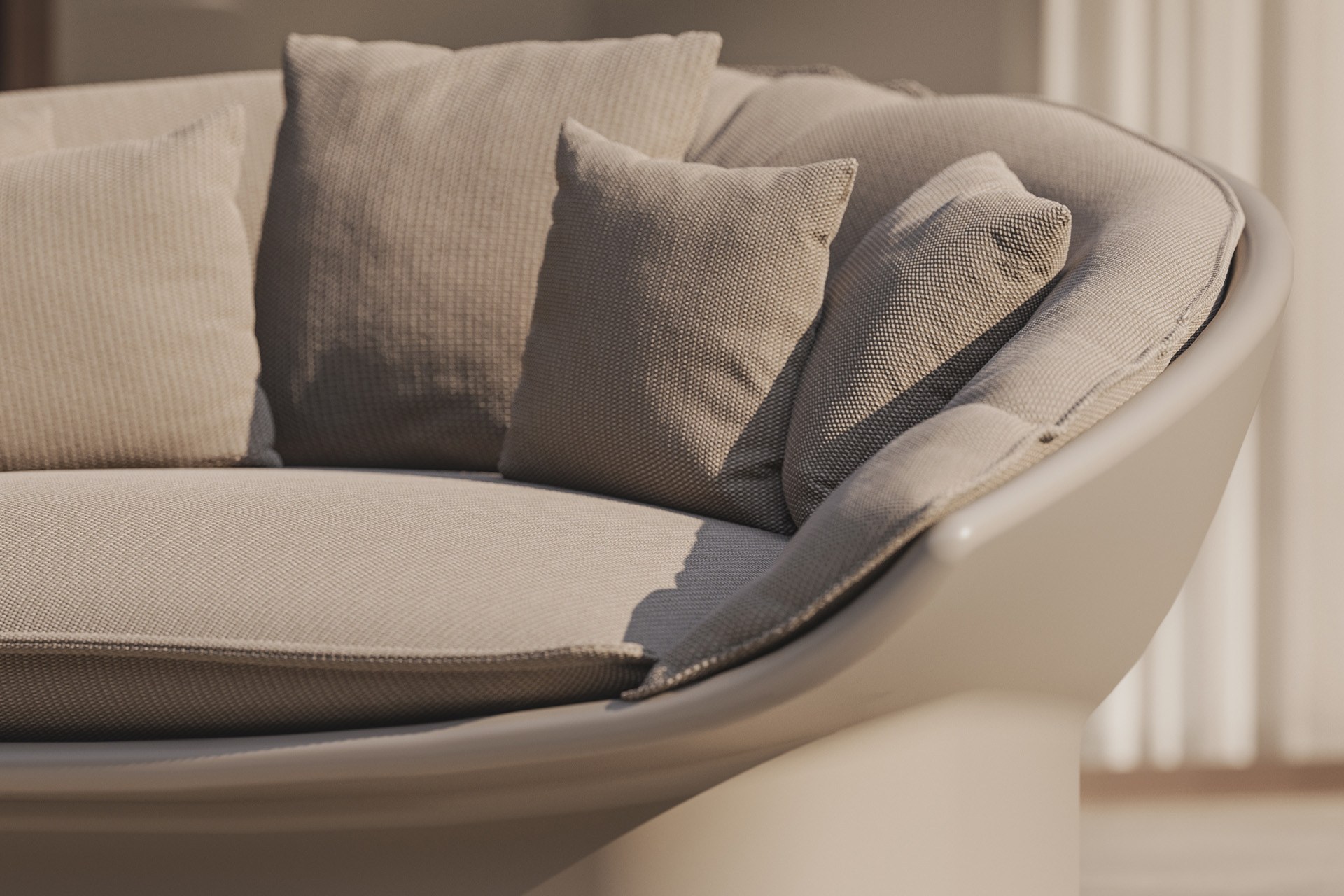 Lit de jardin Luna en polyéthylène et tissu au design contemporain par Ramón Esteve x Vondom lit de jardin Luna Vondom en situation, photo d'ambiance