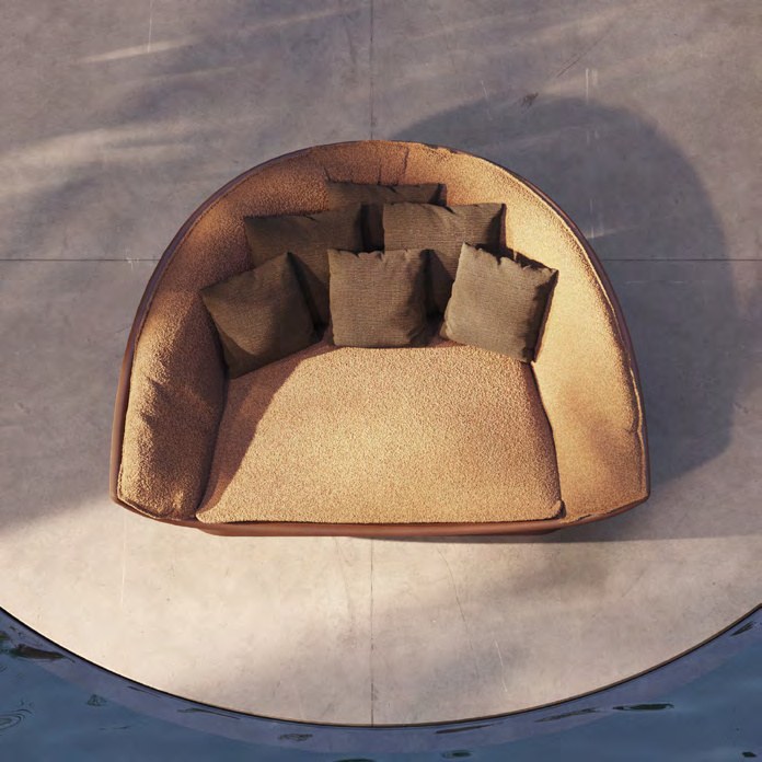 Lit de jardin Luna en polyéthylène et tissu au design contemporain par Ramón Esteve x Vondom lit de jardin Luna Vondom en situation, photo d'ambiance
