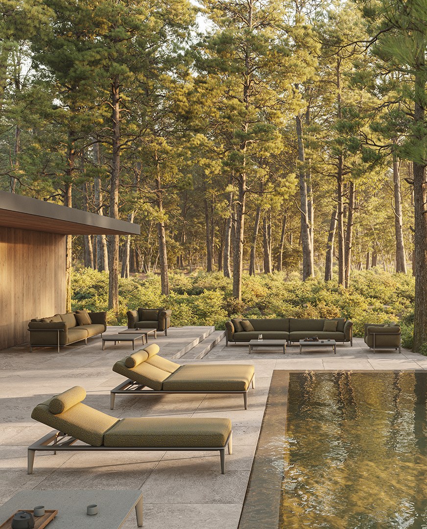 Lit de jardin Pasadena avec ou sans toit en aluminium et tissu au design contemporain par Jean-Marie Massaud x Vondom lit de jardin Pasadena Vondom et chaise longue