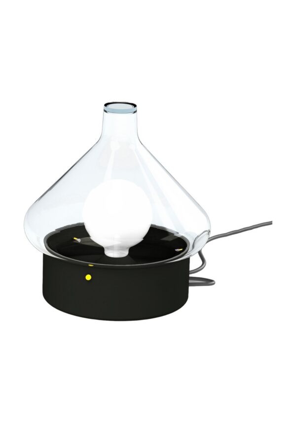 luminaire à poser La Hutte avec socle en aluminium gris noir et verre clair soufflé, rendu sur fond blanc