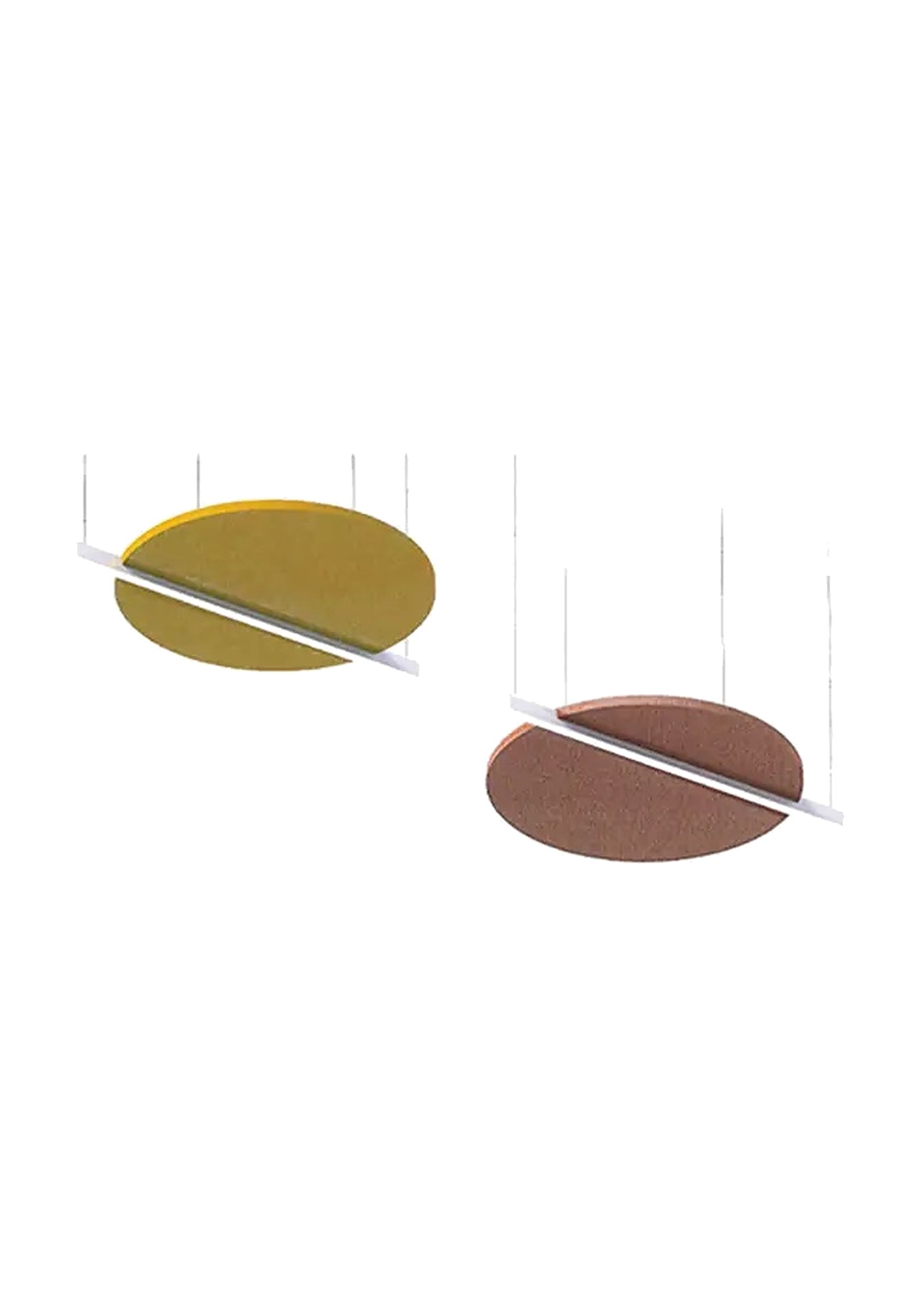 Luminaire acoustique Andamane par Slalom, disques Ø 40, 70 ou 120 cm luminaire acoustique suspendu Slalom Andamane, deux disques jaune et brique avec barre lumineuse, fond blanc