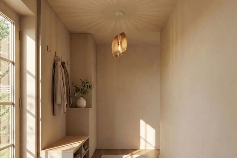 Luminaire entrée : suspension en bois Assia dans un hall d'entrée lumineux avec patères