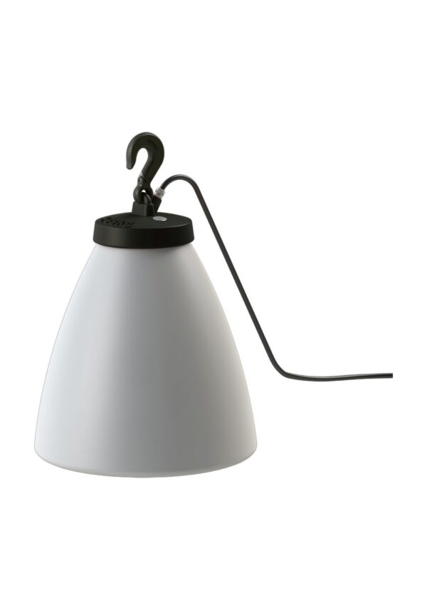 luminaire nomade Grumo N° 1 conique avec chapeau en aluminium gris noir et câble, rendu sur fond blanc