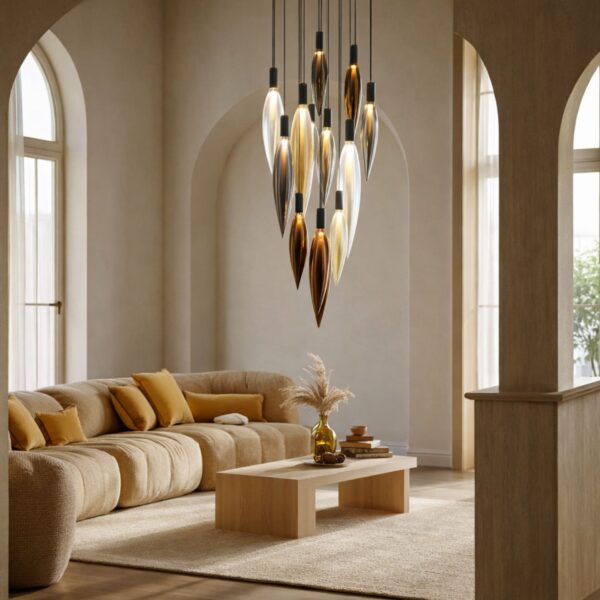 lustre 11 lumières dans un salon avec arches