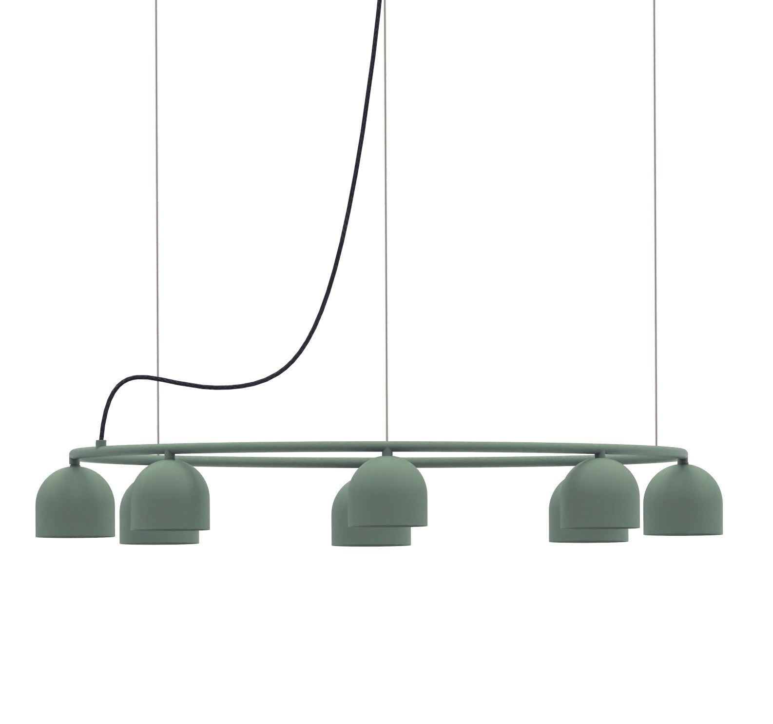 lustre circulaire Rio huit dômes verts sur anneau de 79 cm et trois fils de suspension, fond blanc